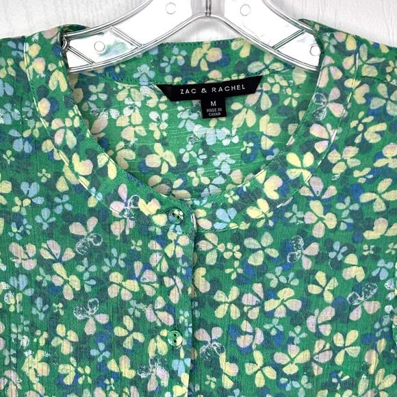 Zac & Rachel Wms M Green Floral Button Front Gauzy Top Ruffle Trim Cottagecore - Picture 4 of 11
